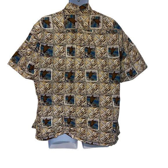 Vtg Hilo Hattie Hawaiian Shirt Mens XL Canoe Sail Beach Vacation Aloha Leaf Tan - Picture 6 of 10